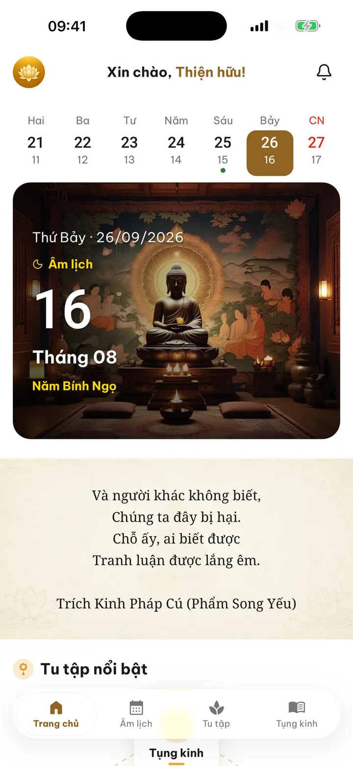 Màn hình Trang chủ của Sen: ngày âm hôm nay và câu kinh Pháp Cú