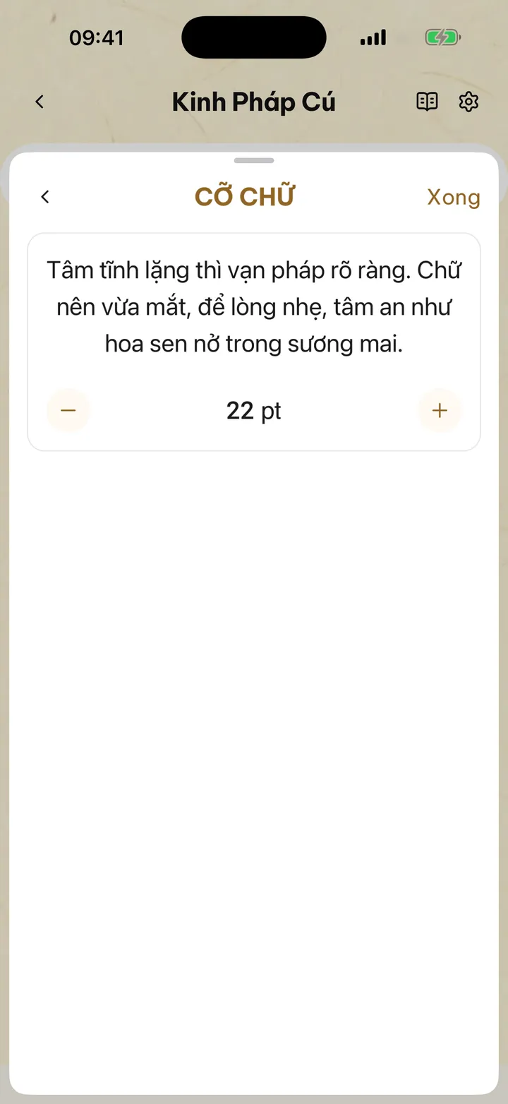Trang đọc kinh với bảng chỉnh cỡ chữ đang mở ở 22pt